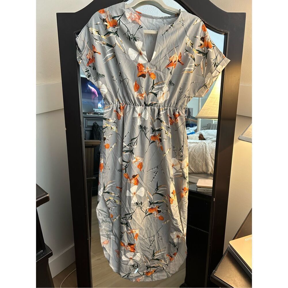 NEW Floral Gray Midi Dress Slits M NO BELT